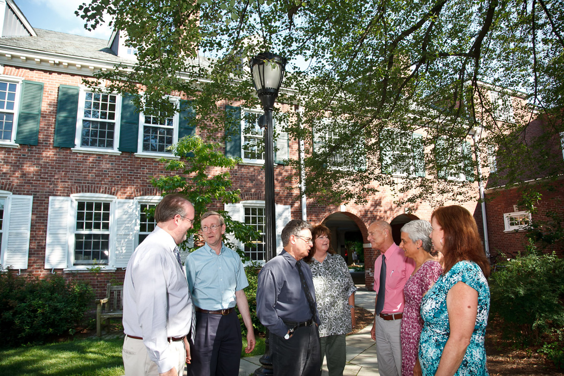 New Castle County Team at the Intensive Session, July 2011. (Left to right:
Eric W. Rise, Associate Professor of Criminal Justice and Legal Studies,
University of Delaware; Thomas M. Leitch, Professor of English, University
of Delaware; Leslie Reidel, Professor of Theatre, University of Delaware;
National Fellow Gretchen Wolfe; Raymond F. Theilacker, Director,
Delaware Teachers Institute in New Castle County; and National Fellows
Nancy Rudolph and Ellen Shackelford.)