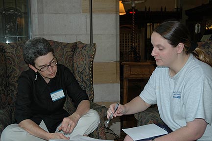 Individual Conferences with Seminar Leaders, July 2005. (Left to right: Seminar Leader Mary E. Miller and National Fellow Yvonne Couture Spinner, Jacksonville.)