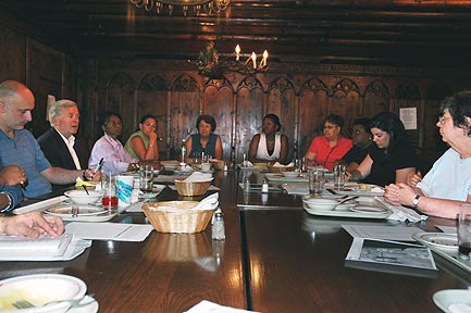 Meeting of Teacher Representatives at the Intensive Session, July 2005. (Left to right: National Fellow Daniel Joseph Addis, Houston; Director of the Yale National Initiative James R. Vivian; National Fellows Mary J. Jefferson, Houston; Jayme Holaway-Hicks and Mary Carol Moran, Jacksonville; Keysiah M. Middleton, Philadelphia; Carol M. Petett, Pittsburgh; Carolyn D. Clark, Richmond; Cary Allison Brandenberger, Wilmington; and Mary Ann T. Natunewicz, Houston.)