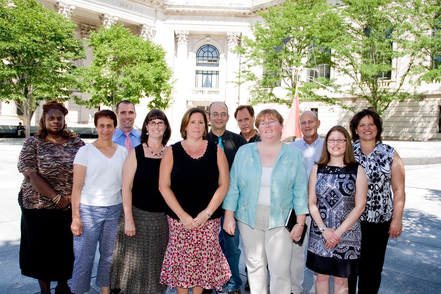 New Castle County Team at the Intensive Session, July 2008. (Left to right: National Fellows Christine Shaub, Nancy Rudolph, Brian Patrick Bell, Karen Yarnall, and Kathleen Geri Gormley; Alan Fox, Associate Professor of Philosophy and Barry Joyce, Associate Professor of History, University of Delaware; National Fellows Victoria Lyn Deschere, Raymond F. Theilacker, Lori Paderewski, and Barbara Ann Prillaman.)