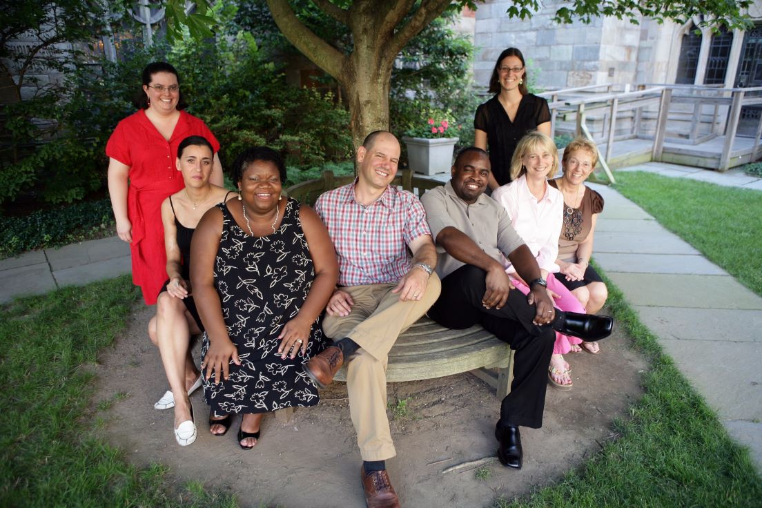 New Haven Team at the Intensive Session, July 2008. (Left to right: National Fellows Jennifer B. Esty and Maria Cardalliaguet G?mez-M?laga; Zania Collier, History Teacher, New Haven Public Schools; National Fellows Ralph E. Russo, Huwerl Thornton, Sara E. Thomas, Carol P. Boynton, and Marialuisa Sapienza.)