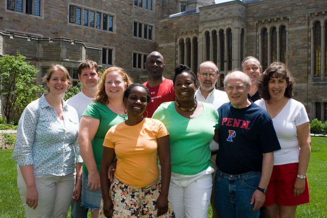 Philadelphia Team at the Intensive Session, July 2008. (Left to right: National Fellow Meagan C. McGowan; Thomas Gaffey, Mathematics Teacher, School District of Philadelphia; National Fellows Elizabeth M. Harvey, Karen L. Brinkley, Samuel A. Reed, and Bonnee L. Breese; Peter Conn, Professor of English, University of Pennsylvania; National Fellow Stuart Surrey; director Alan J. Lee; and National Fellow Deborah Samuel.)