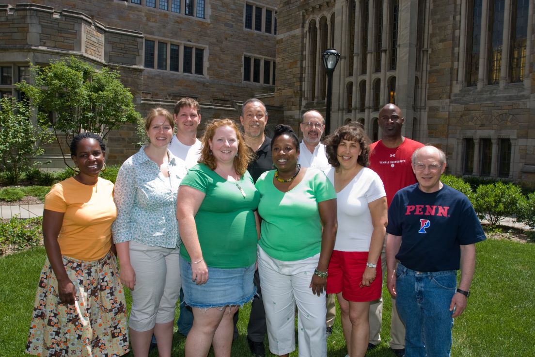 Philadelphia Team at the Intensive Session, July 2008. (Left to right: National Fellows Karen L. Brinkley and Meagan C. McGowan; Thomas Gaffey, Mathematics Teacher, School District of Philadelphia; National Fellow Elizabeth M. Harvey; director Alan J. Lee; National Fellow Bonnee L. Breese; Peter Conn, Professor of English, University of Pennsylvania; National Fellows Deborah Samuel, Samuel A. Reed and Stuart Surrey.)