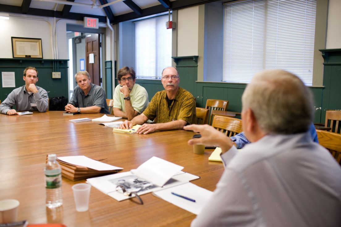 San Francisco Team meeting at the Intensive Session, July 2008 (Left to right: Corey Cook, Assistant Professor of Politics, University of San Francisco; Bruce Robert Avery, Professor of English, Matthew Luskey, Assistant Professor of Liberal Studies, and Raymond Trautman, Professor of Chemistry, San Francisco State University; and James R. Vivian, Director of the Yale National Initiative.)