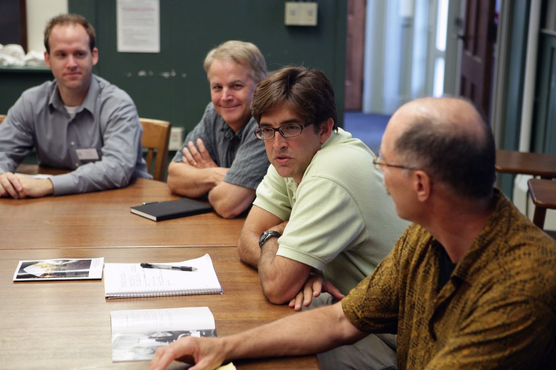 San Francisco Team meeting at the Intensive Session, July 2008 (Left to right: Corey Cook, Assistant Professor of Politics, University of San Francisco; Bruce Robert Avery, Professor of English, Matthew Luskey, Assistant Professor of Liberal Studies, and Raymond Trautman, Professor of Chemistry, San Francisco State University.)