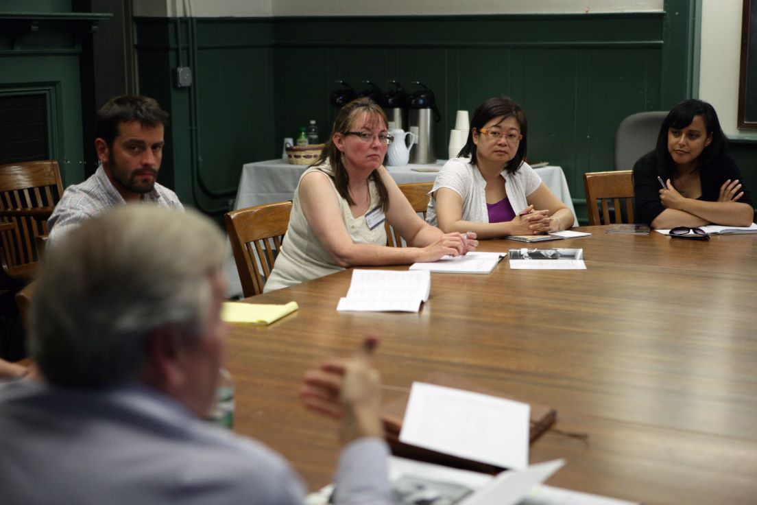 San Francisco Team meeting at the Intensive Session, July 2008 (Left to right: James R. Vivian, Director of the Yale National Initiative; Thomas B?ttger, Assistant Professor of Physics, University of San Francisco; National Fellows Sally Meneely, Elaine Yee Lun Tam and Sarah Pooner.)