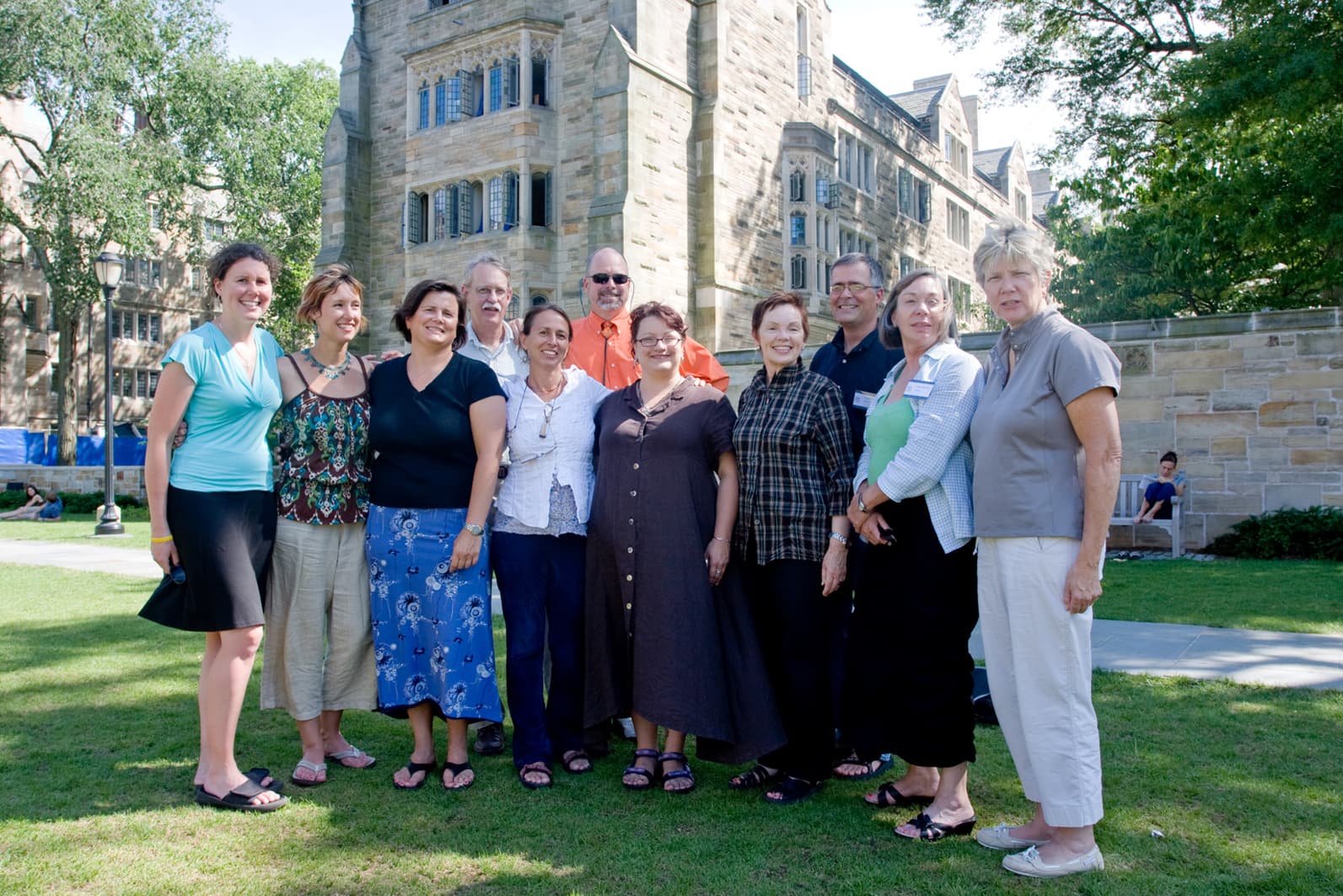Santa Fe Team meeting at the Intensive Session, July 2008 (Left to right: Christina Marie Pavlak, Sixth-Grade Bilingual Teacher, Santa Fe Public Schools; National Fellows National Fellows Sharyn Fisher Gray, Danielle Gothie, Kennan Eugene Girdner, Joan Henderson, Jeffrey C. Davis, and Jennifer Dienna Sandoval; Carolyn Kay Kastner, Assistant Professor of Art, and Arthur Robert Jessen, Associate Professor of Political Science, College of Santa Fe; Ginger Richardson, Director of Education and Institutional Outreach, Santa Fe Institute; and National Fellow Meredith Charlton Tilp.)