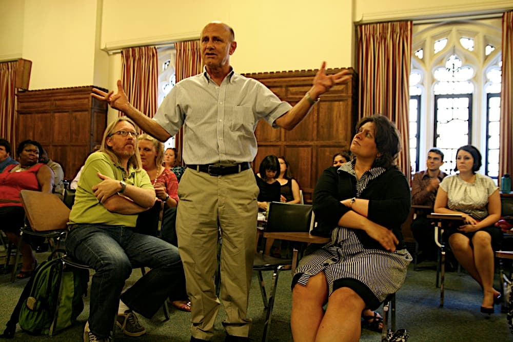 Plenary Session: Town Meeting on Developing and Sustaining a Teachers Institute at the Intensive Session, July 2008. (Standing: National Fellow Raymond F. Theilacker, New Castle County.)