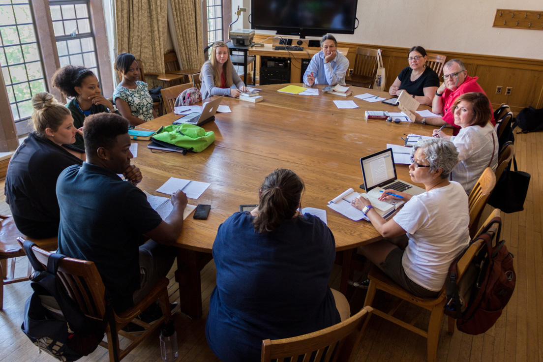 The national seminar on "Contemporary Native American History," July 2016. (Clockwise from top left: National Fellows Danielle Greene, Richmond; Ashley Pate, Chicago; Stephanie Zavacky, Pittsburgh; seminar leader Ned Blackhawk; National Fellows Barbara Prillaman, Delaware; Mike McClellan, San José; and Jo A. Flory, Tulsa; Ludy Aguada, San José; Patricia L. Hodge, Tulsa; Travis Bouldin, District of Columbia; and Tara Ann Carter, Philadelphia.)