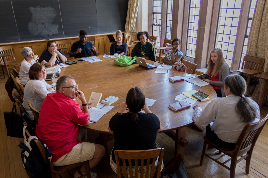 The national seminar on "Contemporary Native American History," July 2016. (Clockwise from top left: National Fellows Ludy Aguada, San José; Patricia L. Hodge, Tulsa; Travis Bouldin, District of Columbia; Tara Ann Carter, Philadelphia; Danielle Greene, Richmond; Ashley Pate, Chicago; Stephanie Zavacky, Pittsburgh; seminar leader Ned Blackhawk; National Fellows Barbara Prillaman, Delaware; Mike McClellan, San José; and Jo A. Flory, Tulsa.)