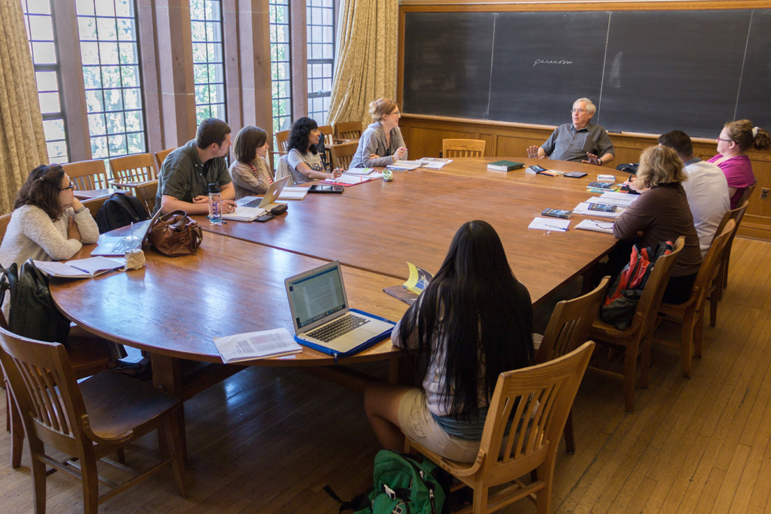 The national seminar on "'Over the Rainbow': Fantasy Lands, Dream Worlds, and Magic Kingdoms," July 2016. (Clockwise from left: National Fellows Mary C. Moreno, Chicago; Sydney H. Coffin, Philadelphia; Jennifer Giarrusso Mazzocco, Pittsburgh; Priya Talreja, San José; Tharish Harris, Richmond; seminar leader Joseph R. Roach; National Fellows Corrina S. Christmas, Tulsa; Brandon Barr, Chicago; Krista B. Waldron, Tulsa; and Tiffany Tracy, Diné Nation.)