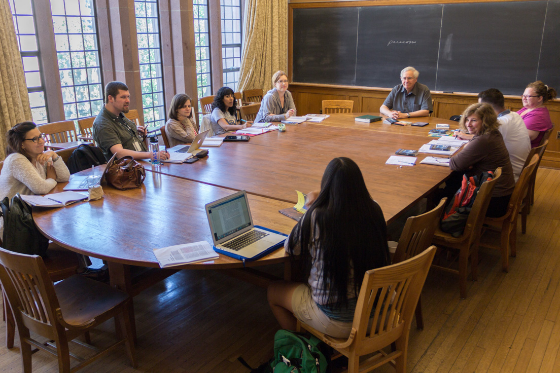 The national seminar on "'Over the Rainbow': Fantasy Lands, Dream Worlds, and Magic Kingdoms," July 2016. (Clockwise from left: National Fellows Mary C. Moreno, Chicago; Sydney H. Coffin, Philadelphia; Jennifer Giarrusso Mazzocco, Pittsburgh; Priya Talreja, San José; Tharish Harris, Richmond; seminar leader Joseph R. Roach; National Fellows Corrina S. Christmas, Tulsa; Brandon Barr, Chicago; Krista B. Waldron, Tulsa; and Tiffany Tracy, Diné Nation.)