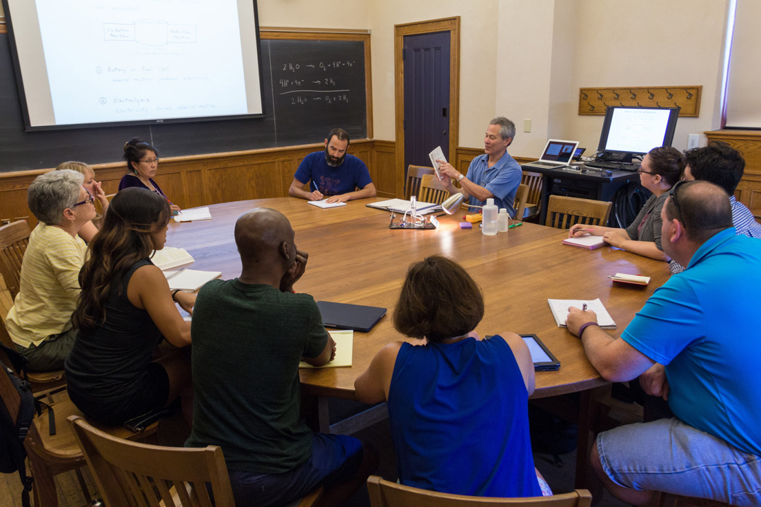 The national seminar on "Energy Science," July 2016. (Clockwise from top left: National Fellows Shirley Paulson, Diné Nation; Josh Bearman, Richmond; seminar leader Gary W. Brudvig; National Fellows Jessica R. Johnson, Tulsa; Zachary Meyers, District of Columbia; Joseph Parrett, Delaware; Valerie Schwarz, Richmond; Cristobal Carambo, Philadelphia; Jacqueline Rastrullo, Bay Area; Patricia Moncrief, San José; and Larissa Spreng, New Haven.)