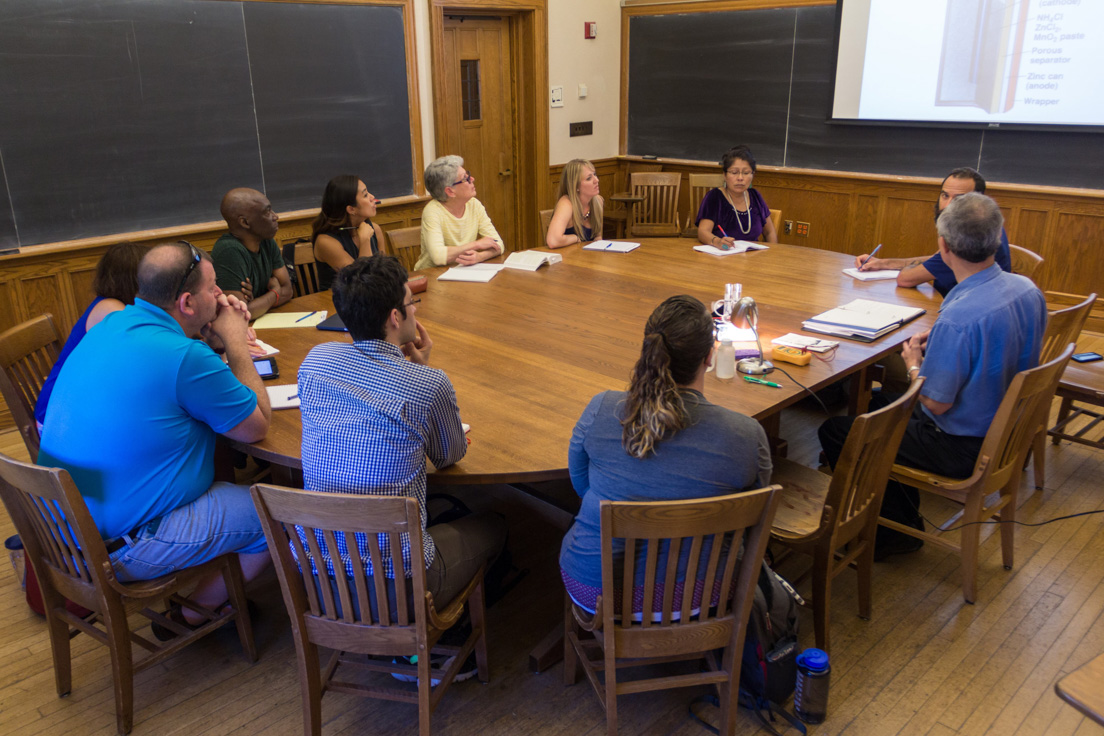 The national seminar on "Energy Science," July 2016. (Clockwise from left: National Fellows Joseph Parrett, Delaware; Valerie Schwarz, Richmond; Cristobal Carambo, Philadelphia; Jacqueline Rastrullo, Bay Area; Patricia Moncrief, San José; and Larissa Spreng, New Haven; Shirley Paulson, Diné Nation; Josh Bearman, Richmond; seminar leader Gary W. Brudvig; National Fellows Jessica R. Johnson, Tulsa; and Zachary Meyers, District of Columbia.)