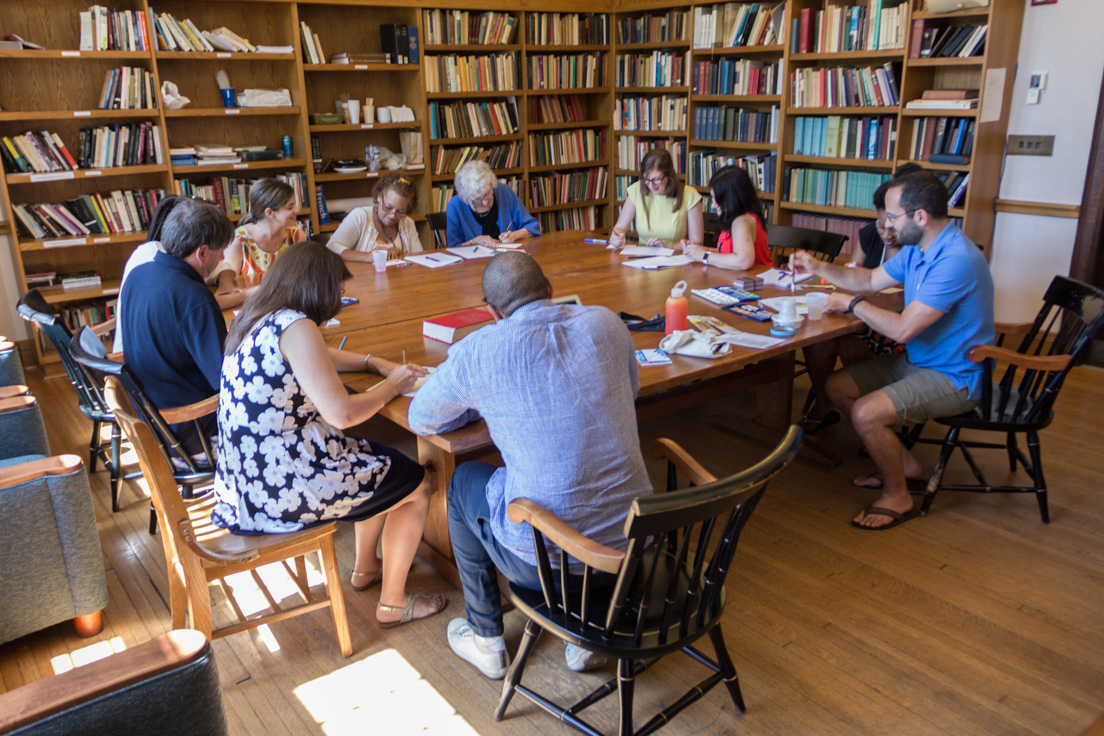 The national seminar on "Why Literature Matters," July 2016. (Clockwise from top left: National Fellows Sara Stillman, Bay Area; Victoria Parrish, Richmond; seminar leader Janice Carlisle; National Fellows Kathleen Radebaugh, Philadelphia; Amandeep Khosa, San José; Debra Titus, Pittsburgh; Robert Schwartz, New Haven; Mark Holston, San José; Maureen Becker, Chicago; Tim Smith, Tulsa; and Carla Jones, Chicago.)