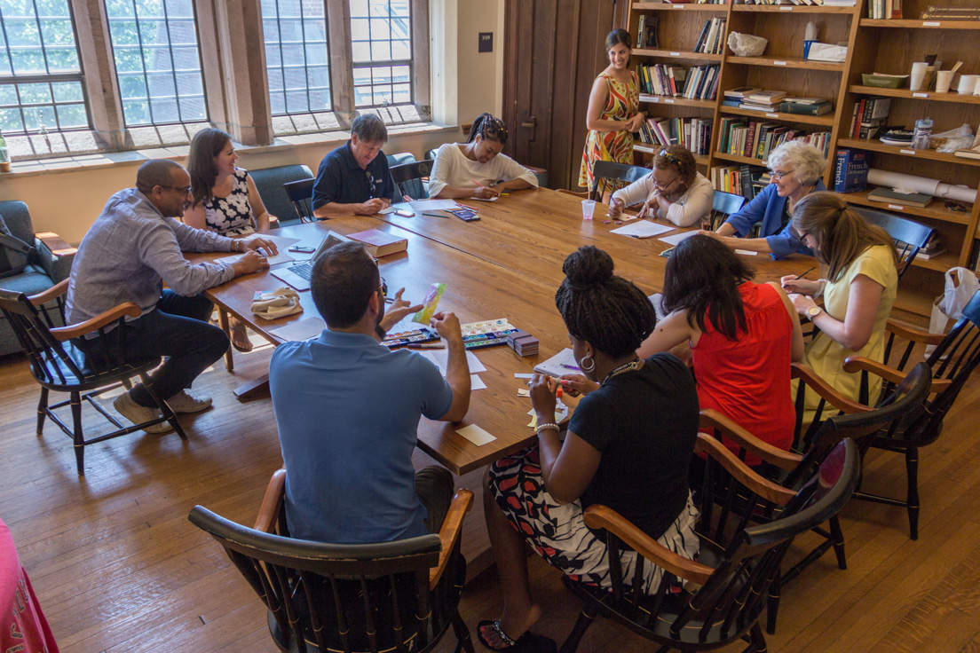 The national seminar on "Why Literature Matters," July 2016. (Clockwise from top left: National Fellows Mark Holston, San José; Maureen Becker, Chicago; Tim Smith, Tulsa; and Carla Jones, Chicago; Sara Stillman, Bay Area; Victoria Parrish, Richmond; seminar leader Janice Carlisle; National Fellows Kathleen Radebaugh, Philadelphia; Amandeep Khosa, San José; Debra Titus, Pittsburgh; and Robert Schwartz, New Haven.)