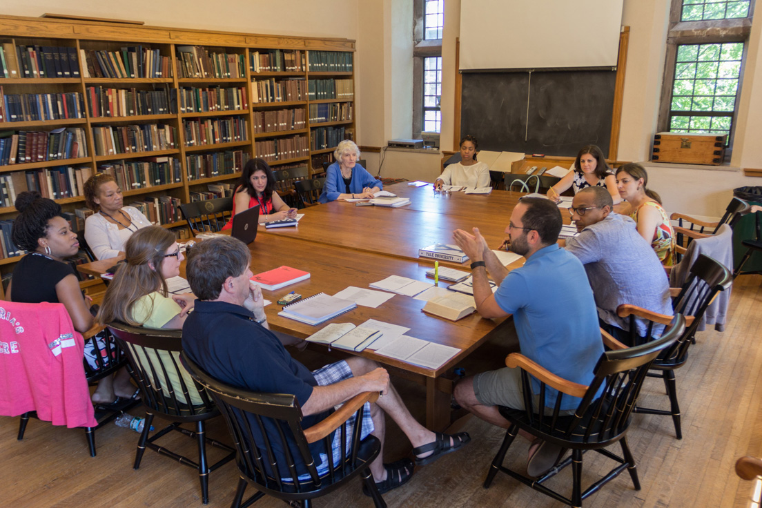 The national seminar on "Why Literature Matters," July 2016. (Clockwise from left: National Fellows Debra Titus, Pittsburgh; Victoria Parrish, Richmond; Amandeep Khosa, San José; seminar leader Janice Carlisle; National Fellows Carla Jones, Chicago; Maureen Becker, Chicago; Sara Stillman, Bay Area; Mark Holston, San José; Robert Schwartz, New Haven; Tim Smith, Tulsa; and Kathleen Radebaugh, Philadelphia.) 