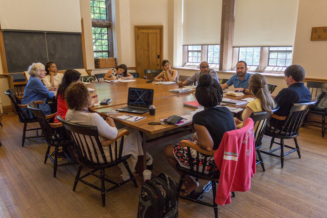 The national seminar on "Why Literature Matters," July 2016. (Clockwise from top left: Seminar leader Janice Carlisle; National Fellows Carla Jones, Chicago; Maureen Becker, Chicago; Sara Stillman, Bay Area; Mark Holston, San José; Robert Schwartz, New Haven; Tim Smith, Tulsa; and Kathleen Radebaugh, Philadelphia; Debra Titus, Pittsburgh; Victoria Parrish, Richmond; and Amandeep Khosa, San José.)