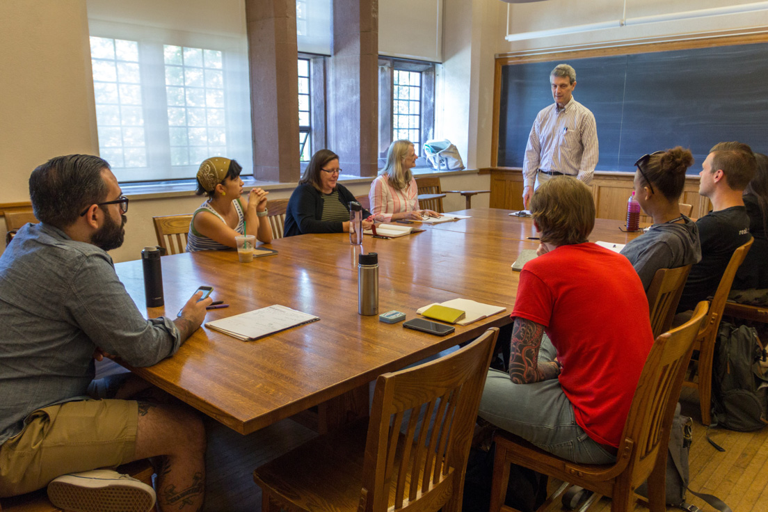 The national seminar on "The Number Line in the Common Core," July 2016. (Clockwise from left: National Fellows Klint Kanopka, Philadelphia; Jade Lee, San José; Kathleen Gormley, Delaware; Carol P. Boynton, New Haven; seminar leader Roger E. Howe; National Fellows Aaron Bingea, Chicago; Coretta Martin, District of Columbia; and Jeffrey Rossiter, Chicago.)