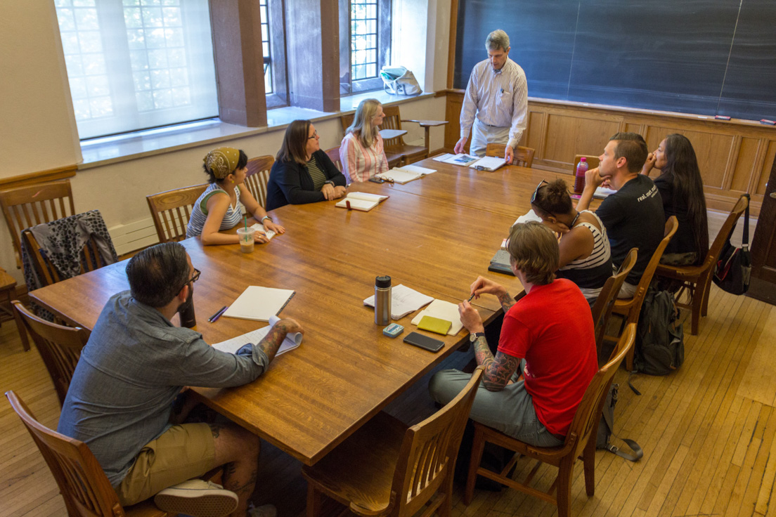 The national seminar on "The Number Line in the Common Core," July 2016. (Clockwise from left: National Fellows Klint Kanopka, Philadelphia; Jung Lee, San Jose; Kathleen Gormley, New Castle County; Carol P. Boynton, New Haven; seminar leader Roger Howe; National Fellows Jolene Smith, Diné Nation; Aaron Bingea, Chicago; Coretta Martin, District of Columbia; and Jeffrey Rossiter, Chicago.)