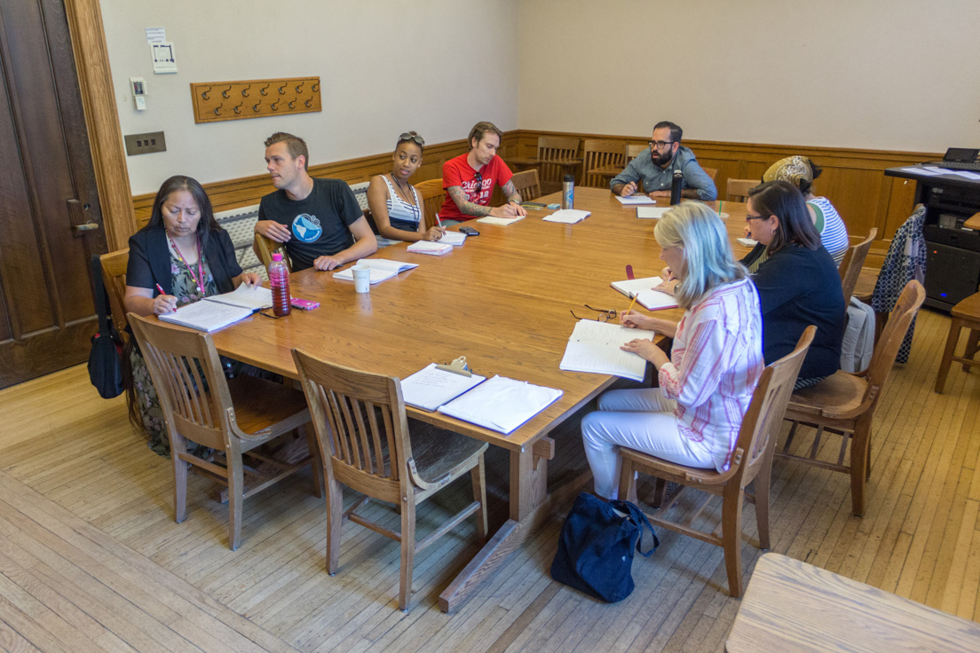 The national seminar on "The Number Line in the Common Core," July 2016. (Clockwise from left: National Fellows Jolene Smith, Diné Nation; Aaron Bingea, Chicago; Coretta Martin, District of Columbia; and Jeffrey Rossiter, Chicago; Klint Kanopka, Philadelphia; Jade Lee, San José; Kathleen Gormley, Delaware; and Carol P. Boynton, New Haven.)