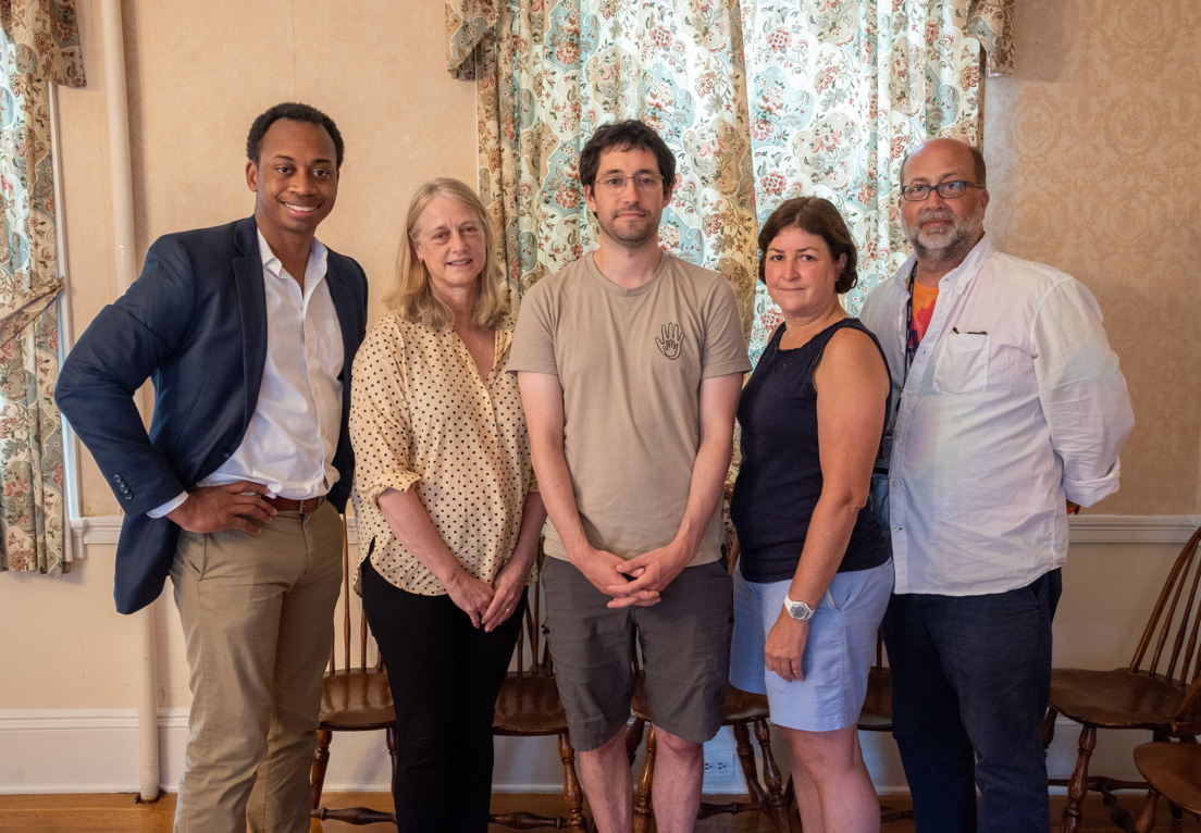 Seminar Coordinators at the Intensive Session, July 2022. (From left to right: National Fellows Sean Means, Carol P. Boynton, Zachary Meyers, Valerie J. Schwarz, and Mark Hartung.)