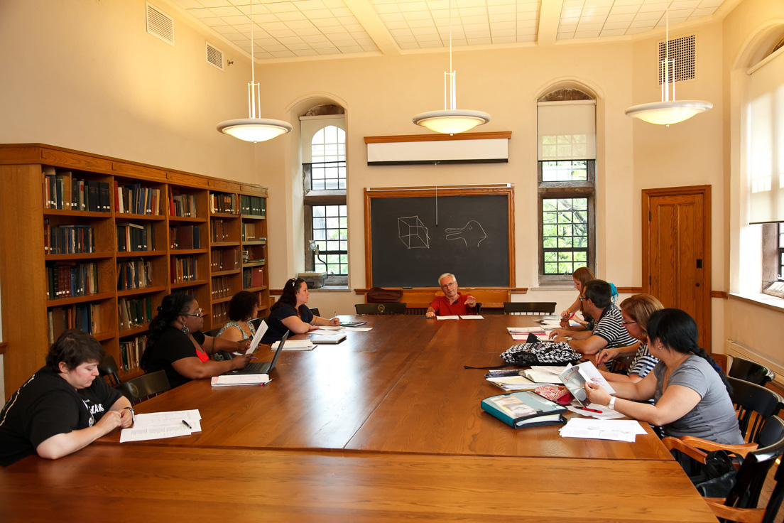 The national seminar on "Love and Politics in the Sonnet," July 2011. (Left
to right: National Fellows Andrea F. Kulas, Chicago; Denise D. Hall,
DeKalb County; Anjali R. Kamat, Emery Unified; Lori Wiley, New Castle
County; seminar leader Paul H. Fry; National Fellows Torrieann M. Dooley,
Charlotte; Intisar K. Hamidullah, Charlotte; Paul A. Landshof, San Jos?;
Karen C. Kennedy, Pittsburgh; and Razan Almiladi, Chicago.)