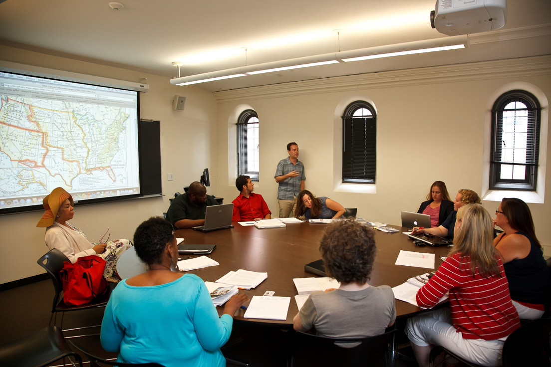 The national seminar on "The Idea of America," July 2011. (Left to right:
National Fellows Patricia Mitchell-Keita-Doe, Philadelphia; Rodney
Robinson, Richmond; Michael Husni, New Castle County; seminar leader
Bryan Garsten; National Fellows Laura Turner, Emery Unified; Sonia
Henze, Pittsburgh; Amanda J. Hatcher, DeKalb County; Kathleen G.
Gormley, New Castle County; Carol P. Boynton, New Haven; Emily J.
Faxon, San Mateo County; and Waltrina Kirkland-Mullins, New Haven.)