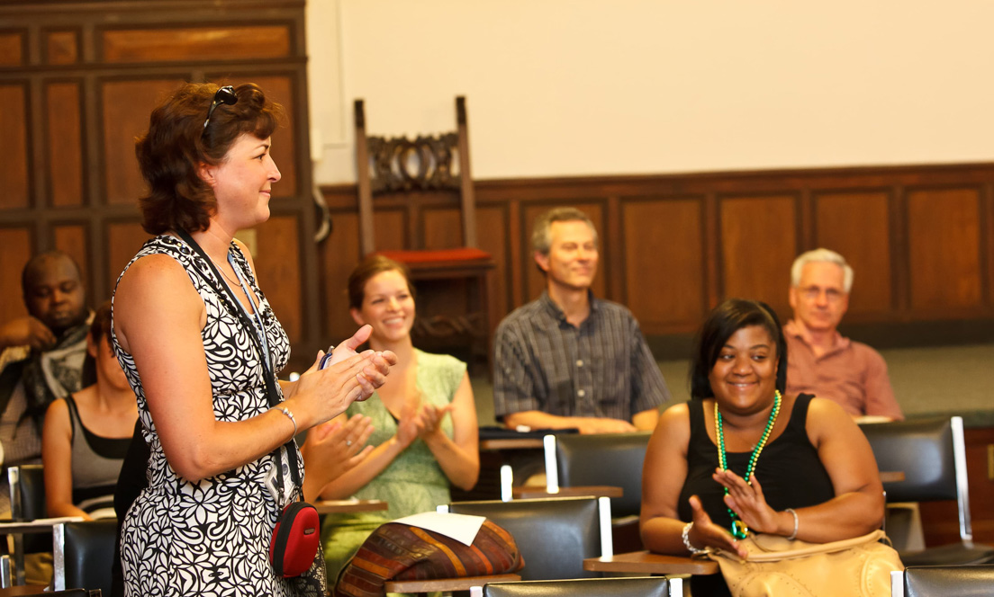 Town Hall Meeting on Developing and Sustaining a Teachers
Institute at the Intensive Session, July 2011. (Standing: National
Fellow Valerie J. Schwarz, Richmond.)