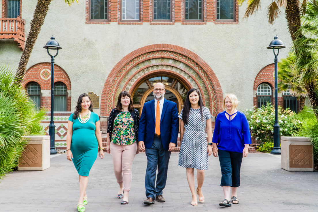 San José Team in San José, California, August 2021. (From left to right: National Fellows Alca Usan, Michelle Melby, Mark Hartung, and Eun Jung Kim; and Elaine D. Collins, Professor of Biochemistry, San José State University.)