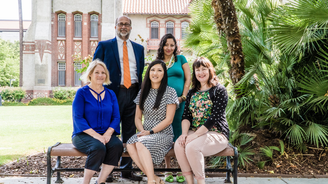 San José Team in San José, California, August 2021. (Front from left to right: Elaine D. Collins, Professor of Biochemistry, San José State University, and National Fellows Eun Jung Kim and Michelle Melby; back from left to right: National Fellows Mark Hartung and Alca Usan.)