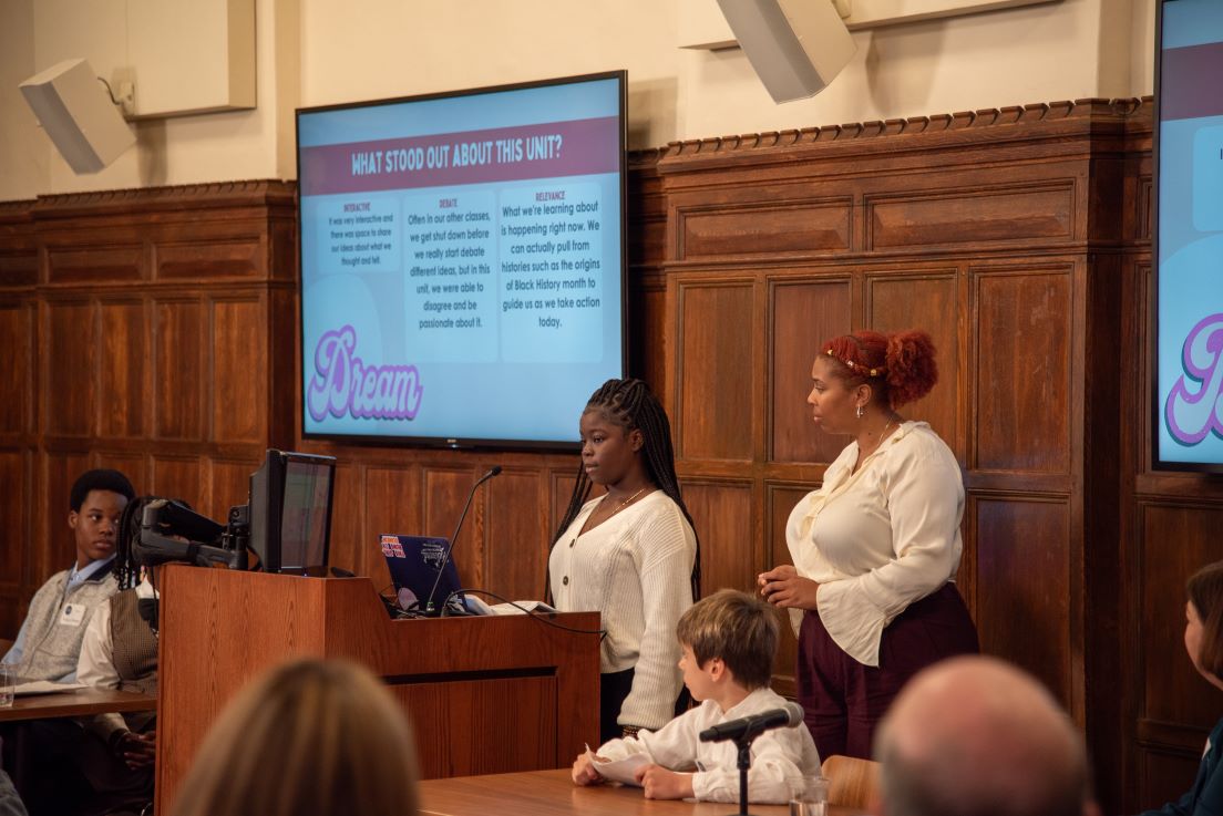 Rihannat Aminu, a sixth-grade student from Chicago, presents her work from a curriculum unit developed in a national seminar by National Fellow Zanneta Kubajak.