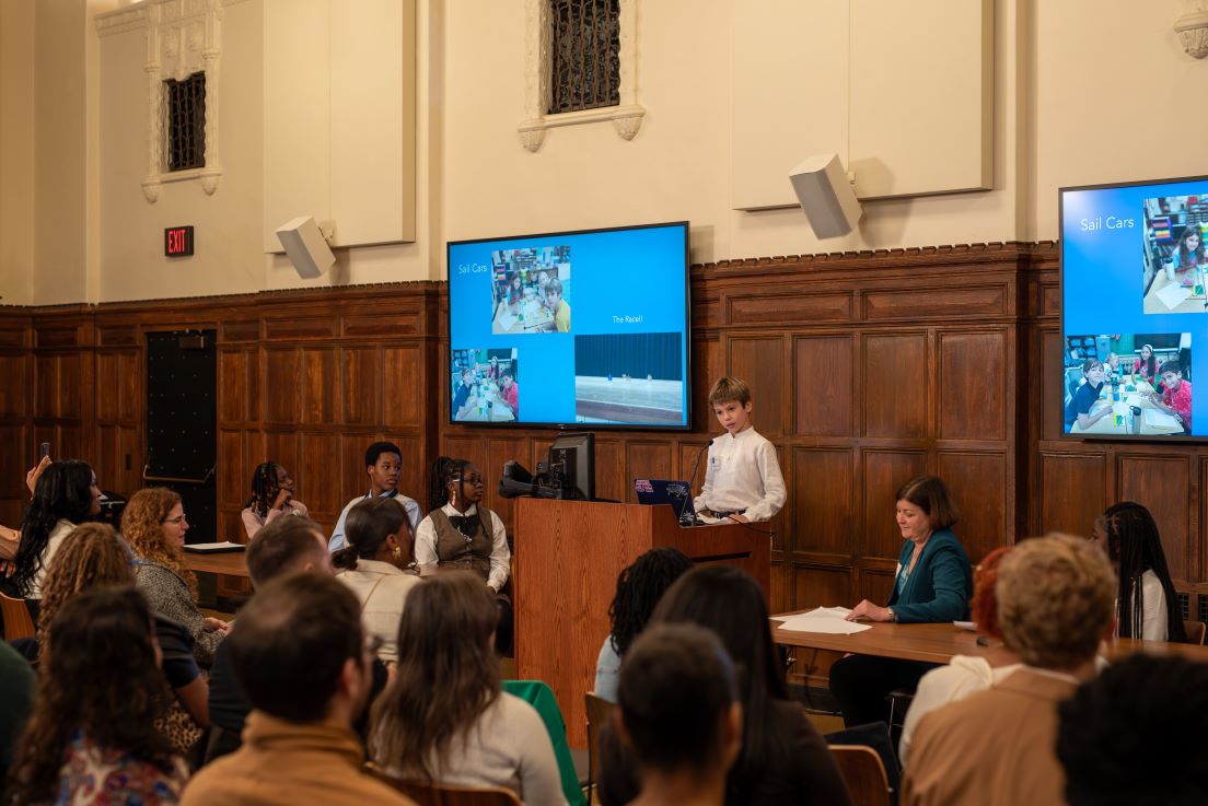 Oleksandr Aleksashyn, a fourth-grade student from Richmond, presents his work from a curriculum unit developed in a national seminar by National Fellow Valerie J. Schwarz.