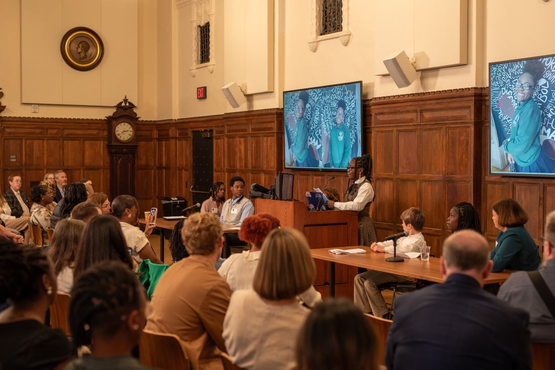 Tyasia Hall, an eighth-grade student from Chicago, presents her work from a curriculum unit developed in a national seminar by National Fellow Sharon Ponder Ballard.