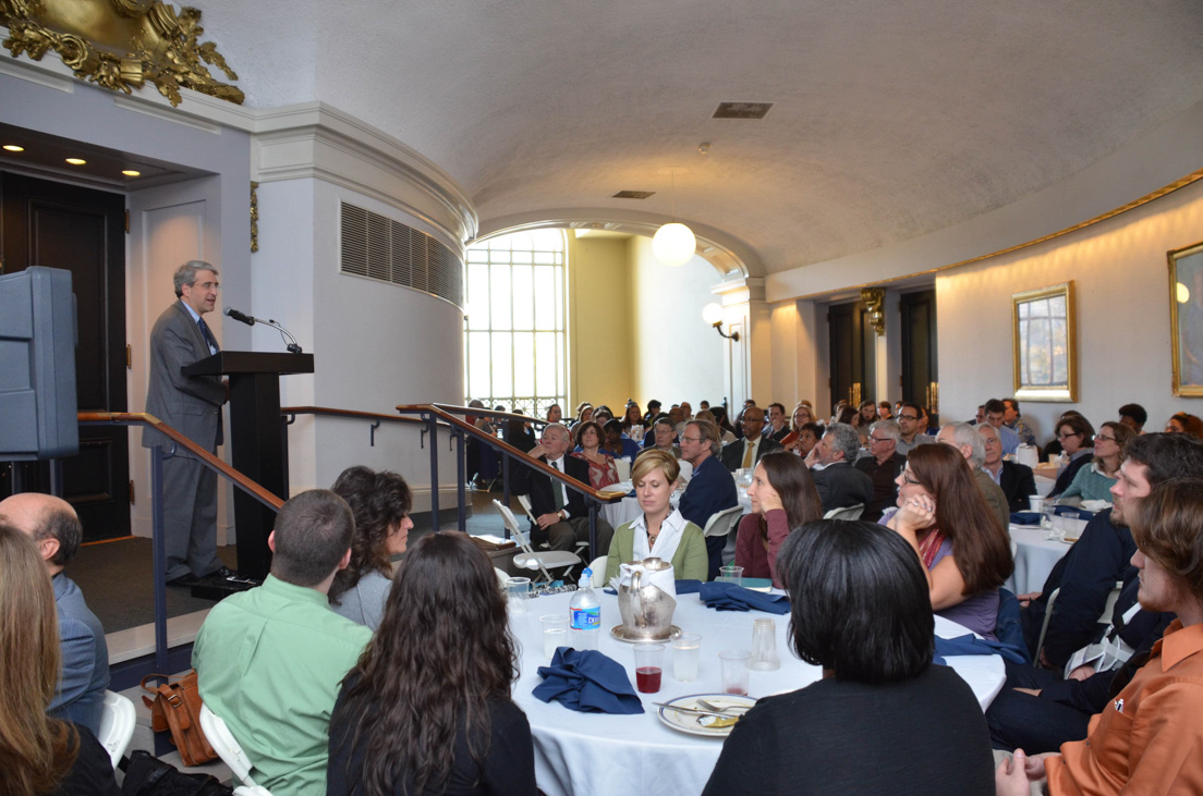 Welcoming remarks at the Annual Conference, October 2012. (Standing: Peter Salovey, President-Elect, Yale University.)