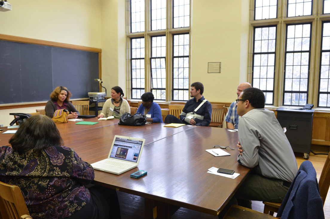 National Seminar Reunion on "Narratives of Citizenship and Race since Emancipation," October 2012. (From left to right: National Fellows Louise Krasnow, San Jos?; Joy Beatty, Richmond; Barbara Prillaman, New Castle County; Sarah Boyd, Richmond; Sydney Coffin, Philadelphia; Jeffry Weathers, San Mateo County; and seminar leader Jonathan Holloway.)