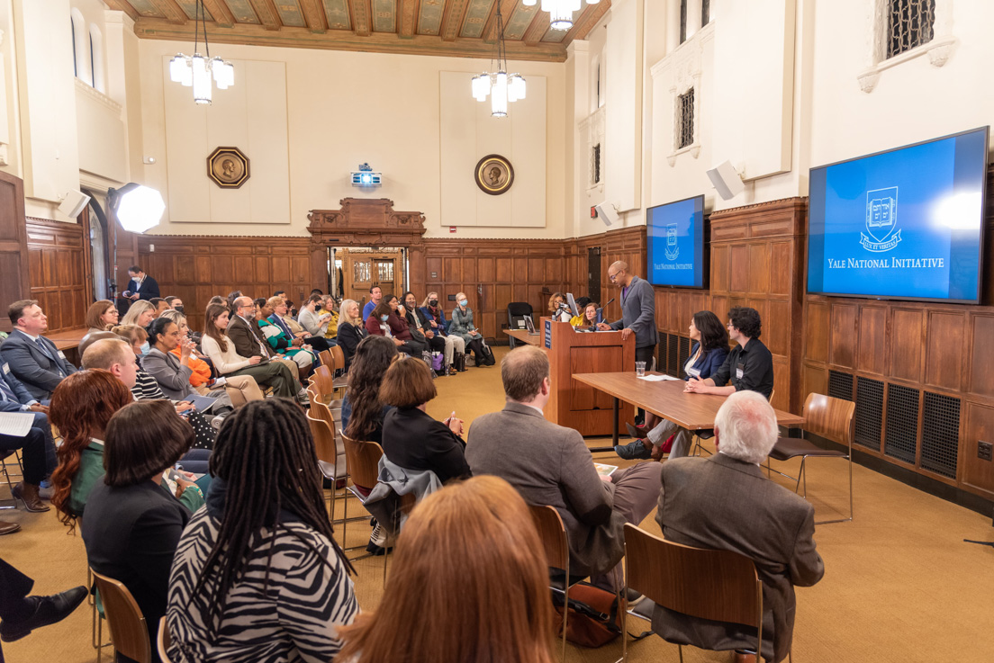 Seminar Leader Roderick A. Ferguson moderates the opening panel at the Annual Conference, October 2022.