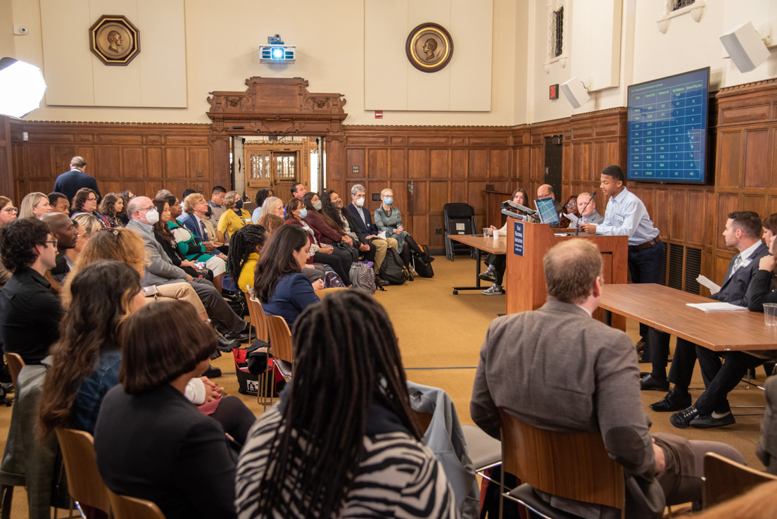 Elijah Robins, a student in Richmond Public Schools, presents his work from a curriculum unit developed in a national seminar by National Fellow Valerie J. Schwarz.