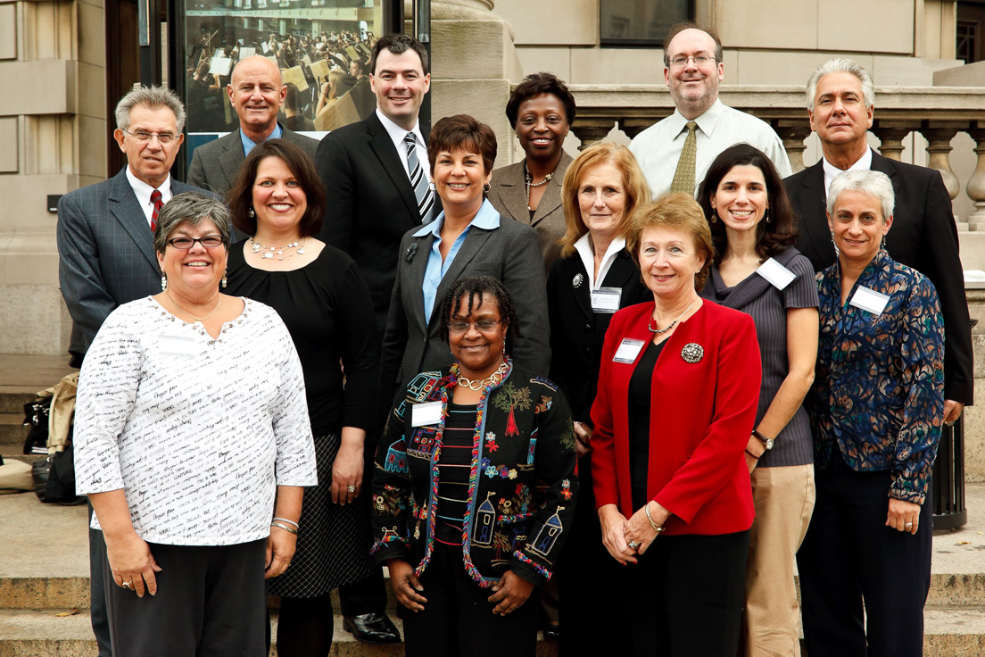 Delaware Team at the Annual Conference, October 2010. (Back row, left to right: Raymond F. Theilacker, Director, Delaware Teachers Institute in New Castle County; National Fellow James Foltz; Lillian M. Lowery, Secretary of Education, Delaware Department of Education; Eric W. Rise, Associate Professor of Criminal Justice and Legal Studies, University of Delaware; Tony J. Marchio, Superintendent, Appoquinimink School District. Middle row, left to right: Steven H. Godowsky, Superintendent, New Castle County Vocational-Technical School District; National Fellow Barbara A. Prillaman; Christine Smith, Manager of Professional Development, Red Clay Consolidated School District; Dorothy A. Linn, Superintendent, Colonial School District; National Fellows Edina B. Buzgon and Nancy Rudolph. Front row, left to right:National Fellows Deborah M. Fetzer and Doriel I. Moorman; Eleanor S. Ludwigsen, Director of School Improvement Services, Christina School District.)