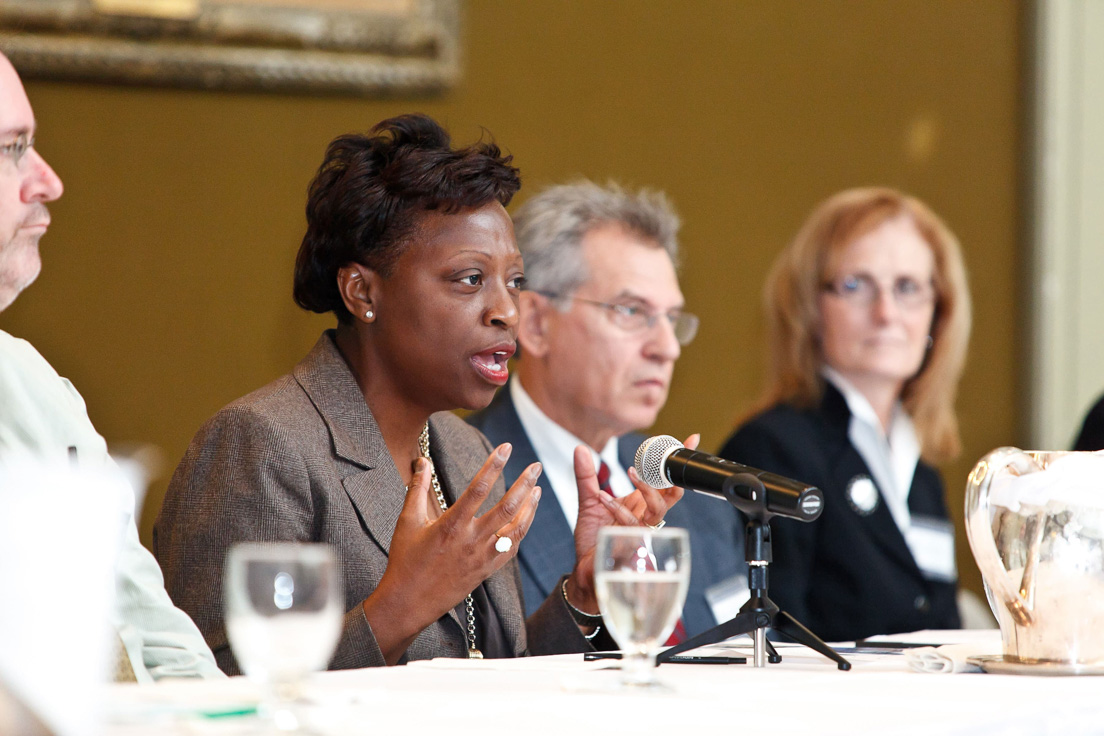 Reports on Planning the Delaware Teachers Institute in New Castle County at the Annual Conference, October 2010. (From left to right: Eric W. Rise, Associate Professor of Criminal Justice and Legal Studies, University of Delaware; Lillian M. Lowery, Secretary of Education, Delaware Department of Education; Steven H. Godowsky, Superintendent, New Castle County Vocational-Technical School District; and Dorothy A. Linn, Superintendent, Colonial School District.)