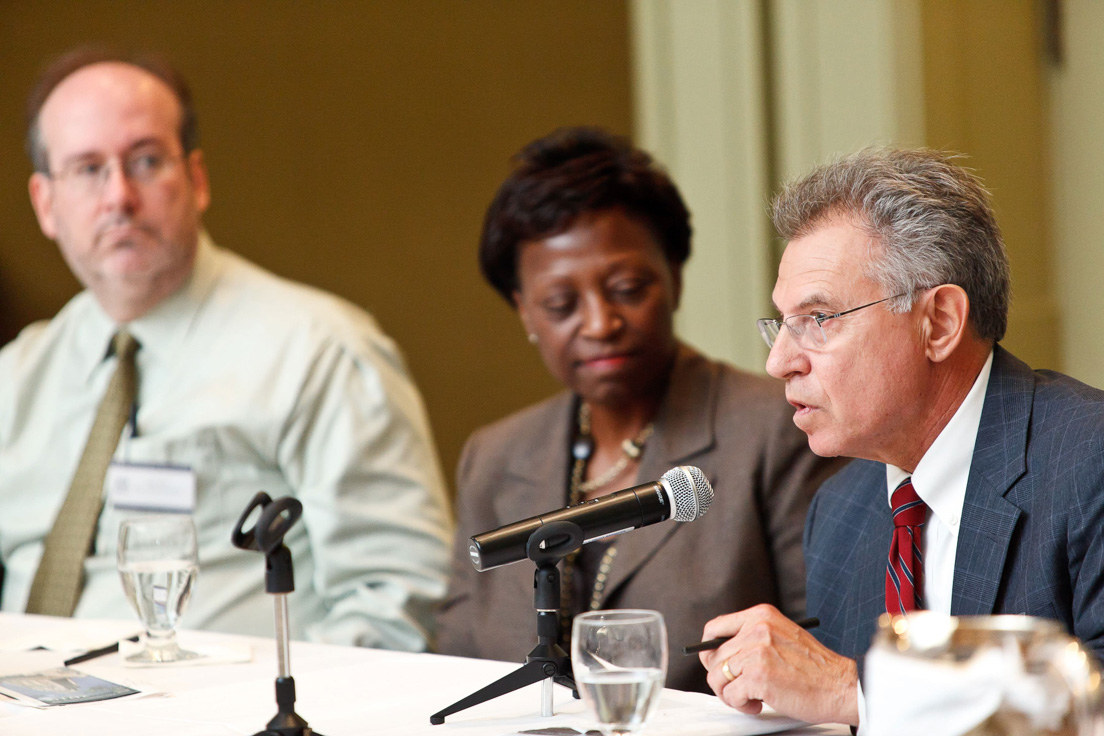 Reports on Planning the Delaware Teachers Institute in New Castle County at the Annual Conference, October 2010. (From left to right: Eric W. Rise, Associate Professor of Criminal Justice and Legal Studies, University of Delaware; Lillian M. Lowery, Secretary of Education, Delaware Department of Education; and Steven H. Godowsky, Superintendent, New Castle County Vocational-Technical School District.)