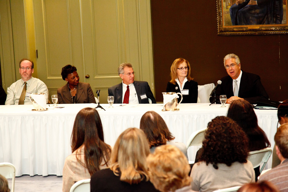 Reports on Planning the Delaware Teachers Institute in New Castle County at the Annual Conference, October 2010. (From left to right: Eric W. Rise, Associate Professor of Criminal Justice and Legal Studies, University of Delaware; Lillian M. Lowery, Secretary of Education, Delaware Department of Education; Steven H. Godowsky, Superintendent, New Castle County Vocational-Technical School District; Dorothy A. Linn, Superintendent, Colonial School District; and Tony J. Marchio, Superintendent, Appoquinimink School District.)