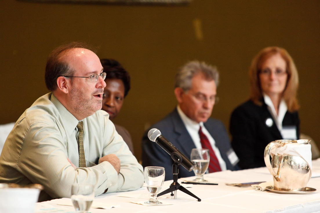 Reports on Planning the Delaware Teachers Institute in New Castle County at the Annual Conference, October 2010. (From left to right: Eric W. Rise, Associate Professor of Criminal Justice and Legal Studies, University of Delaware; Lillian M. Lowery, Secretary of Education, Delaware Department of Education; Steven H. Godowsky, Superintendent, New Castle County Vocational-Technical School District; and Dorothy A. Linn, Superintendent, Colonial School District.)