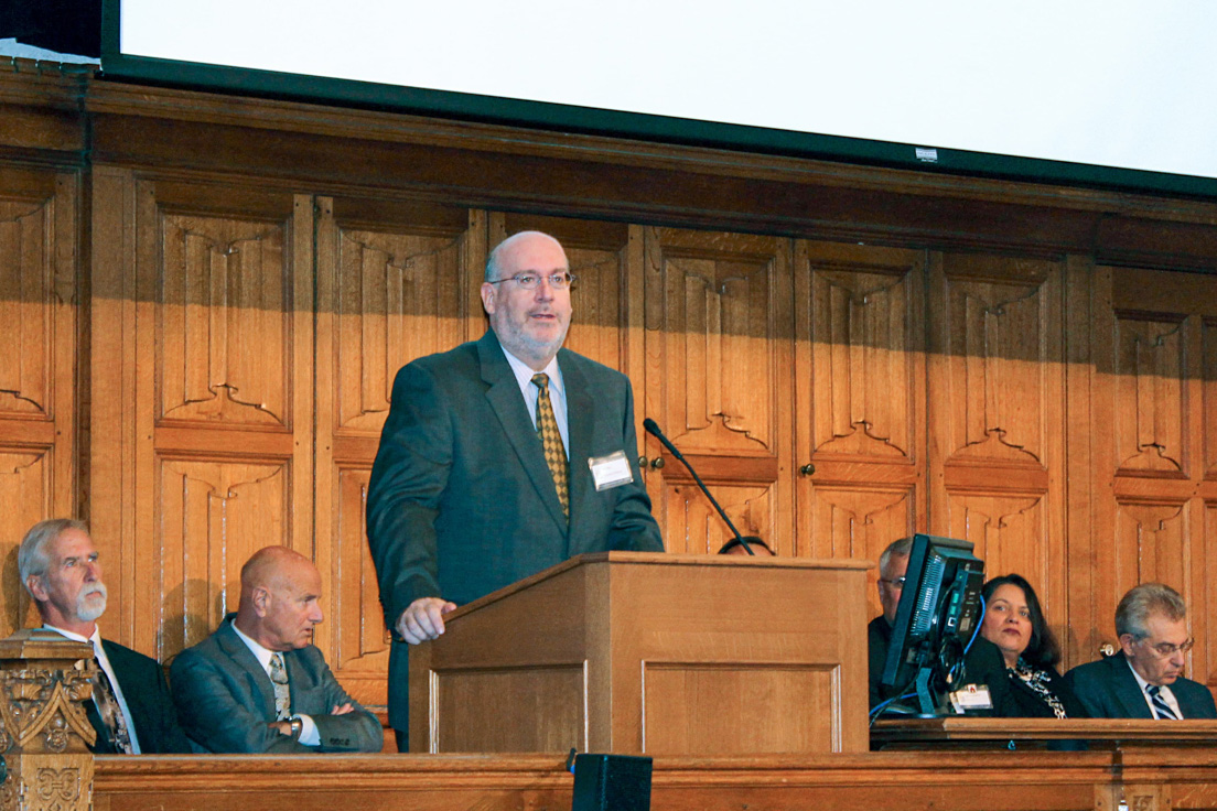 Eric W. Rise, Associate Professor of Sociology and Criminal Justice at the University of Delaware, speaks as part of the Delaware Teachers Institute Case-Study Panel at the 2015 Invitational Conference, October 30, 2015.