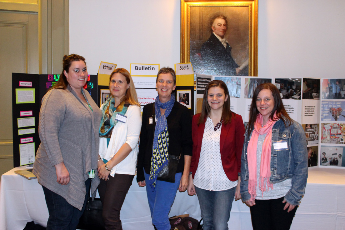 Displays of Student Work from Curriculum Units Developed in National Seminars, Annual Conference, October 31-November 1, 2014. (From left to right: National Fellows Maria Orton, Cheree M. Charmello, Erin Breault, Jennifer Giarrusso, and Kristie Reid, Pittsburgh.)