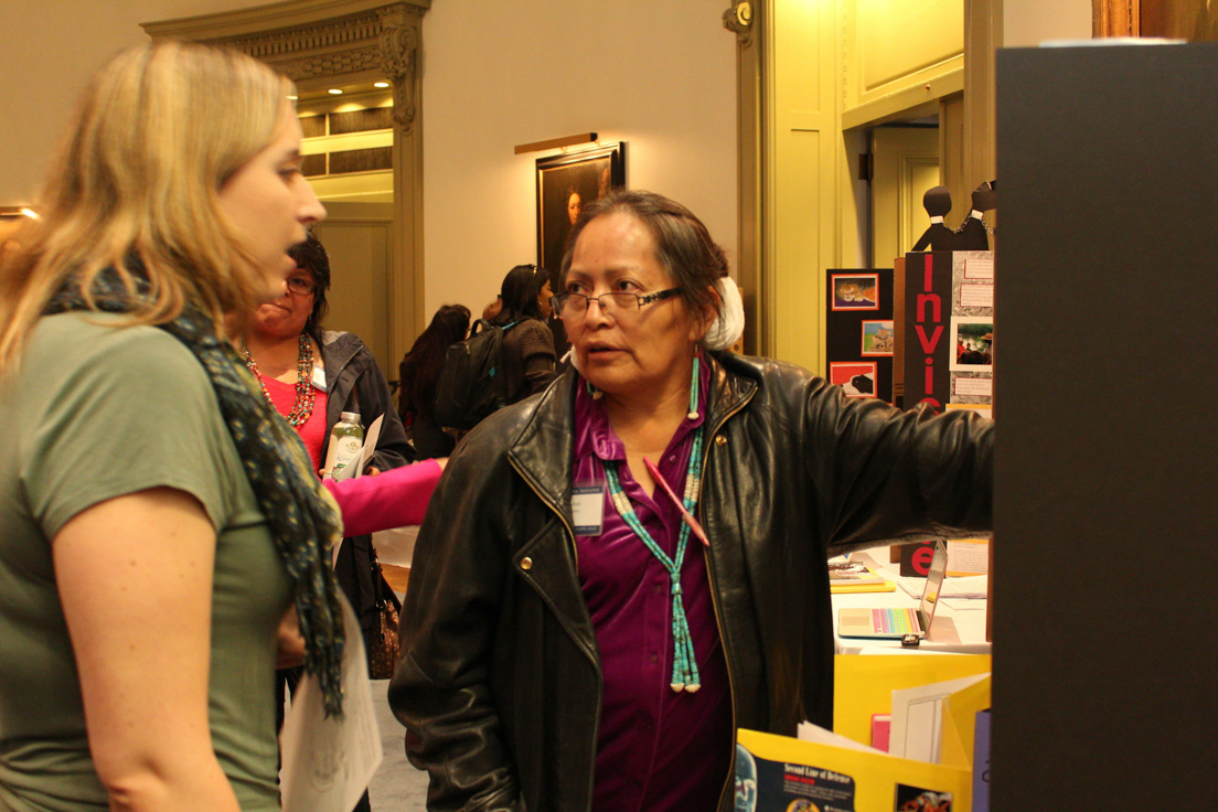 Displays of Student Work from Curriculum Units Developed in National Seminars, Annual Conference, October 31-November 1, 2014. (From left to right: National Fellows Kathleen Tysiak, Chicago; and Jolene R. Smith, Diné Nation.)