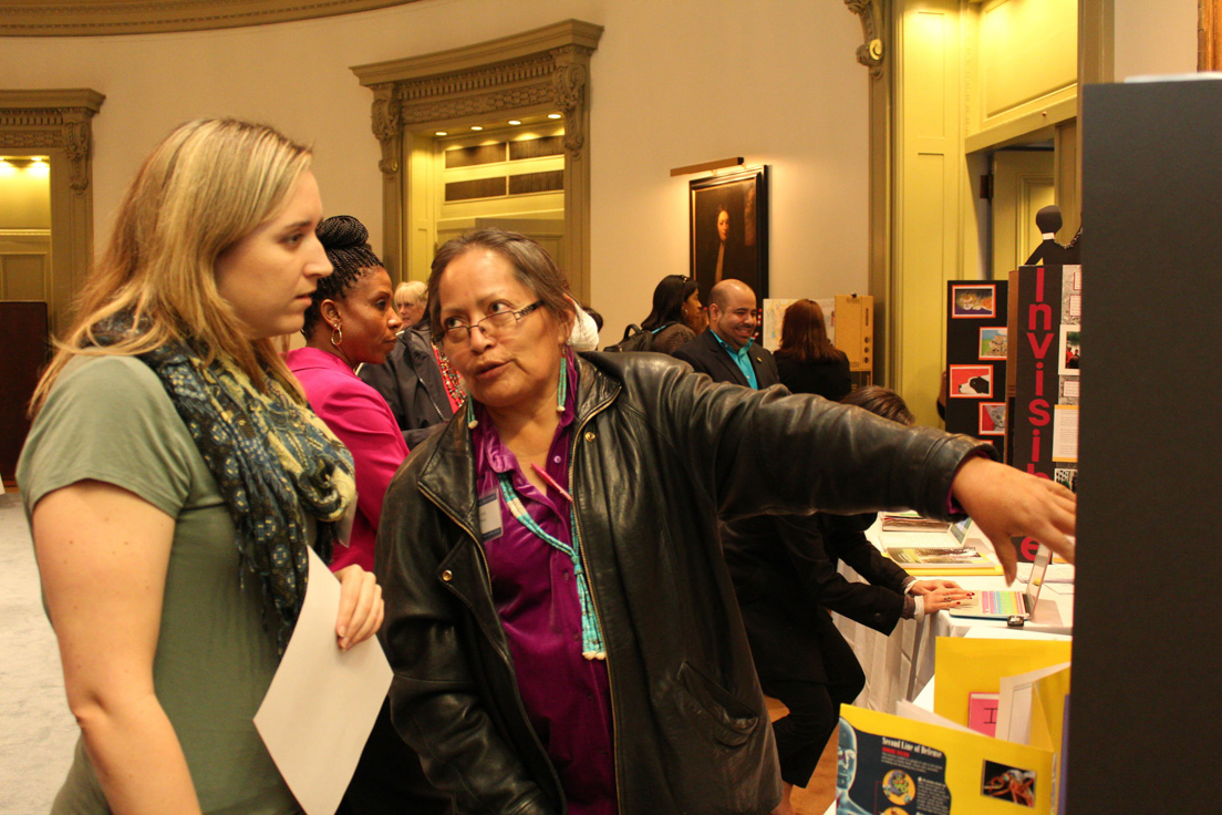 Displays of Student Work from Curriculum Units Developed in National Seminars, Annual Conference, October 31-November 1, 2014. (From left to right: National Fellows Kathleen Tysiak, Chicago; and Jolene R. Smith, Diné Nation.)