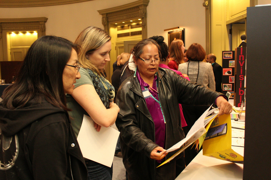 Displays of Student Work from Curriculum Units Developed in National Seminars, Annual Conference, October 31-November 1, 2014. (From left to right: National Fellows Julie So, San José; Kathleen Tysiak, Chicago; and Jolene R. Smith, Diné Nation.)