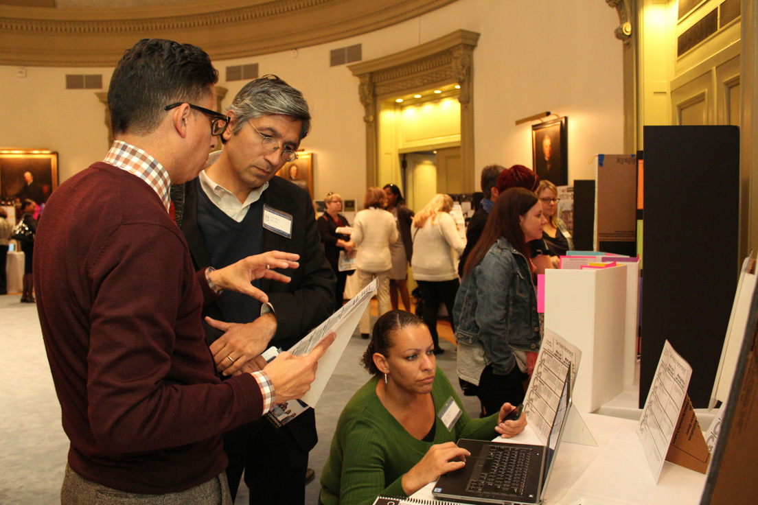 Displays of Student Work from Curriculum Units Developed in National Seminars, Annual Conference, October 31-November 1, 2014. (From left to right: Joe G. Lovato, San José; John Rubio, Bay Area; and Marissa J. Brown, San José.)