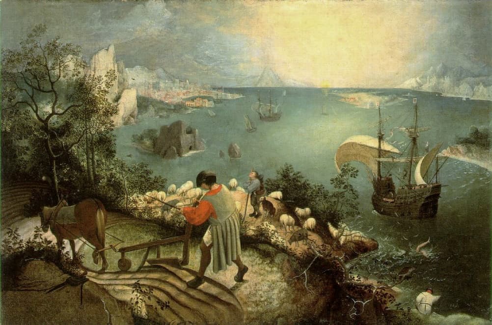 Bruegel, Pieter (1558) Landscape with the Fall of Icarus Oil on canvas, 73.5 x 112 cm, Royal Museums of Fine Arts of Belgium.